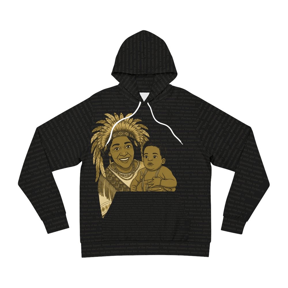 SAPONNI Set 05 hoodie — Grandma in old-gold regalia holding baby Morgan, the Saponi article printed across the black suit
